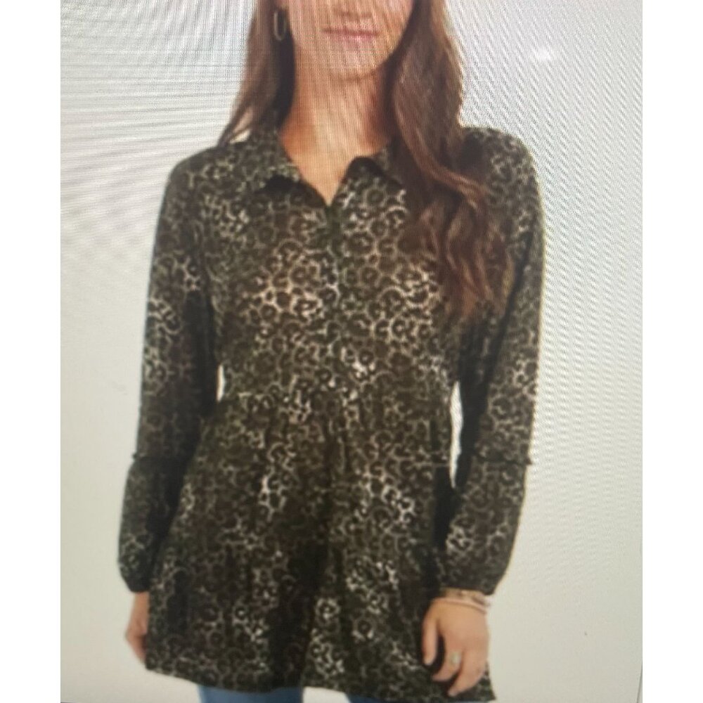 Style & Co Women's Leopard Print Tunic Button-Down Long Sleeve Shirt L